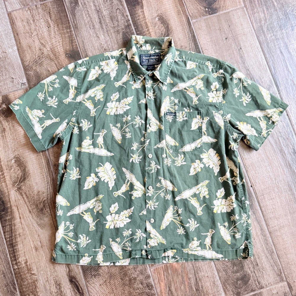 Abercrombie & Fitch Mens Vintage 90s Mens Hawaiian Hula Button Up Shirt, Green,L